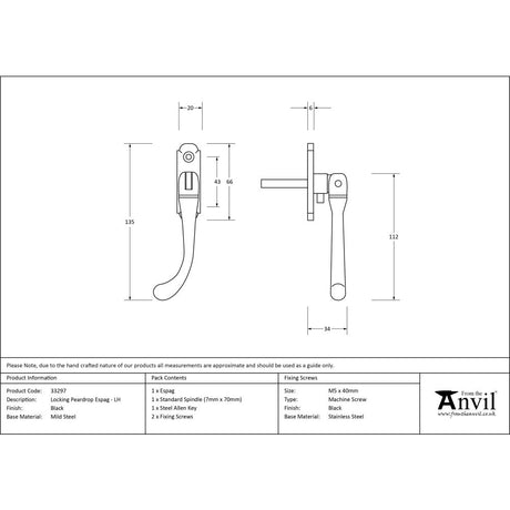 High quality image of From The Anvil - Black Locking Peardrop Espag - LH | Sku. 33297 | Trade Door Handles, Kendal.