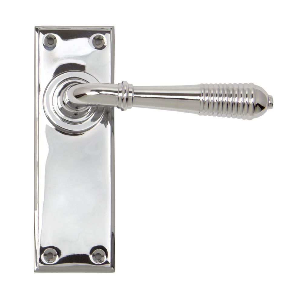 This is an image showing From The Anvil - Polished Chrome Reeded Lever Latch Set available from trade door handles, quick delivery and discounted prices