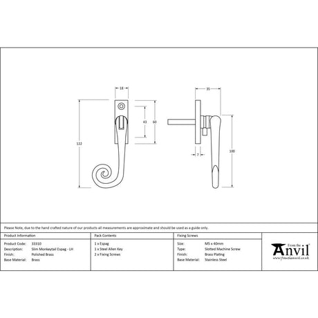 High quality image of From The Anvil - Polished Brass Slim Monkeytail Espag - LH | Sku. 33310 | Trade Door Handles, Kendal.