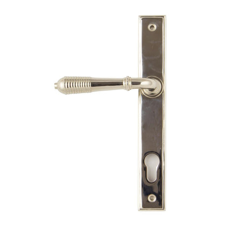 This is an image showing From The Anvil - Polished Nickel Reeded Slimline Lever Espag. Lock Set available from trade door handles, quick delivery and discounted prices