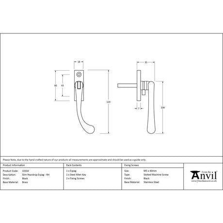 High quality image of From The Anvil - Black Slim Peardrop Espag - RH | Sku. 33332 | Trade Door Handles, Kendal.