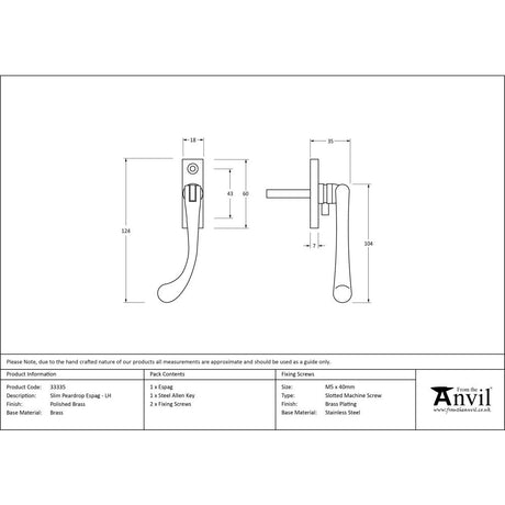 This is an image showing From The Anvil - Polished Brass Slim Peardrop Espag - LH available from trade door handles, quick delivery and discounted prices