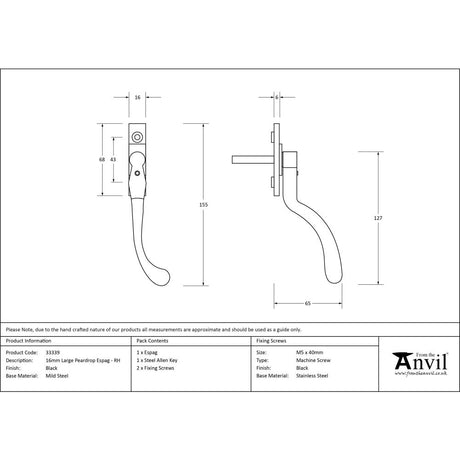High quality image of From The Anvil - Black Large 16mm Peardrop Espag - RH | Sku. 33339 | Trade Door Handles, Kendal.