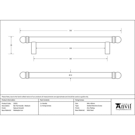 This is an image showing From The Anvil - Natural Smooth 220mm Bar Pull Handle available from trade door handles, quick delivery and discounted prices