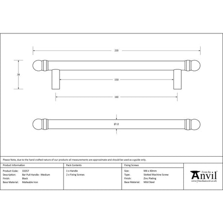 This is an image showing From The Anvil - Black 220mm Bar Pull Handle available from trade door handles, quick delivery and discounted prices