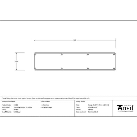 This is an image showing From The Anvil - Pewter 700mm x 150mm Kick Plate available from trade door handles, quick delivery and discounted prices