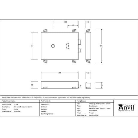 This is an image showing From The Anvil - Pewter Rim Lock & Cast Iron Cover available from trade door handles, quick delivery and discounted prices