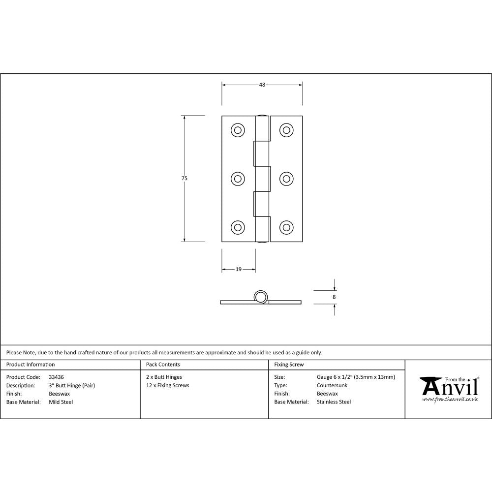 This is an image showing From The Anvil - Beeswax 3" Butt Hinge (pair) available from trade door handles, quick delivery and discounted prices