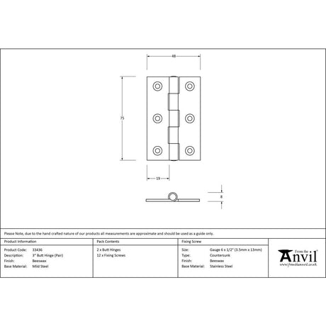 This is an image showing From The Anvil - Beeswax 3" Butt Hinge (pair) available from trade door handles, quick delivery and discounted prices