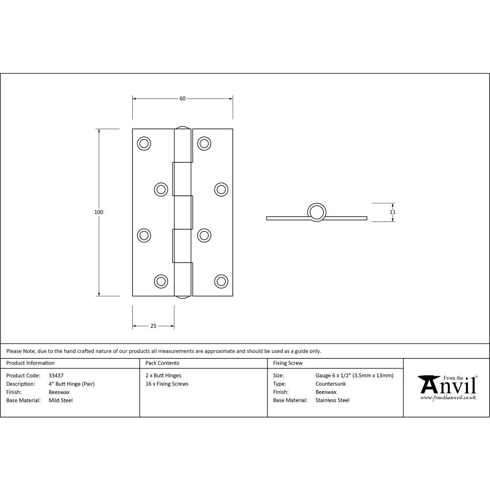 This is an image showing From The Anvil - Beeswax 4" Butt Hinge (pair) available from trade door handles, quick delivery and discounted prices