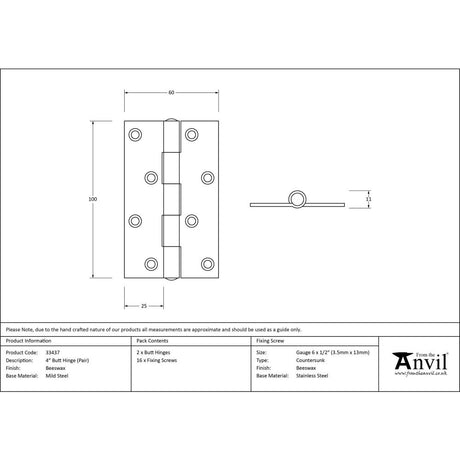 This is an image showing From The Anvil - Beeswax 4" Butt Hinge (pair) available from trade door handles, quick delivery and discounted prices