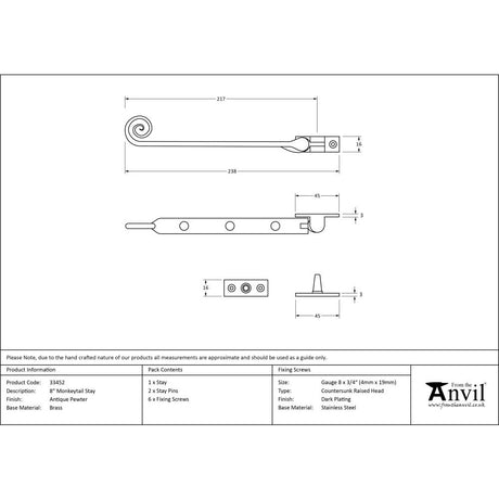 High quality image of From The Anvil - Antique Pewter 8" Monkeytail Stay | Sku. 33452 | Trade Door Handles, Kendal.