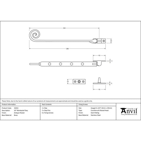 High quality image of From The Anvil - Antique Pewter 10" Monkeytail Stay | Sku. 33453 | Trade Door Handles, Kendal.