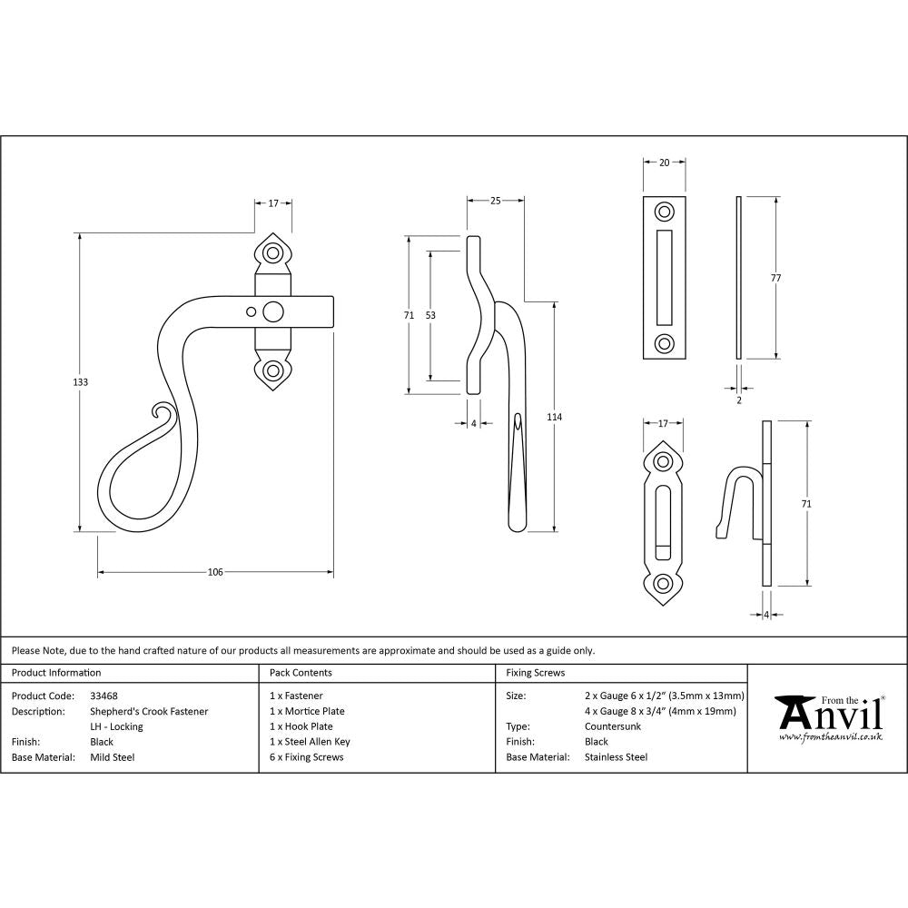 This is an image showing From The Anvil - Black Locking Shepherd's Crook Fastener - LH available from trade door handles, quick delivery and discounted prices