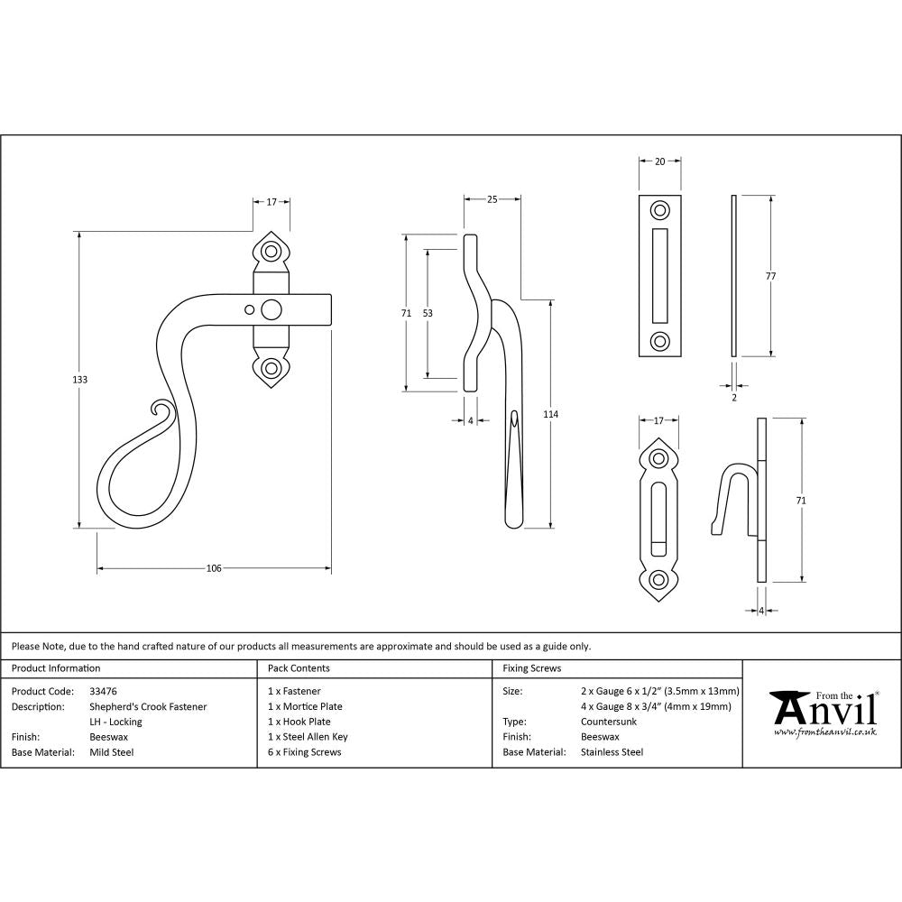 This is an image showing From The Anvil - Beeswax Locking Shepherd's Crook Fastener - LH available from trade door handles, quick delivery and discounted prices