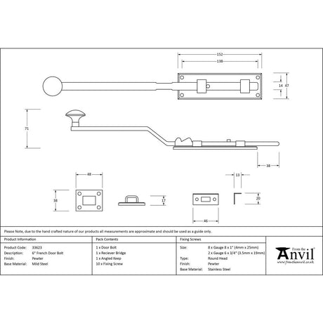 This is an image showing From The Anvil - Pewter 6" French Door Bolt available from trade door handles, quick delivery and discounted prices