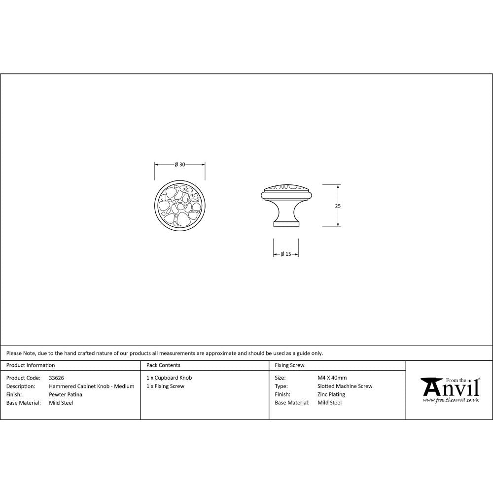 This is an image showing From The Anvil - Pewter Hammered Cabinet Knob - Medium available from trade door handles, quick delivery and discounted prices