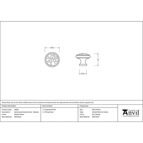 This is an image showing From The Anvil - Pewter Hammered Cabinet Knob - Medium available from trade door handles, quick delivery and discounted prices