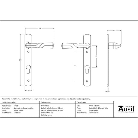 This is an image showing From The Anvil - Pewter Narrow Lever Espag. Lock Set available from trade door handles, quick delivery and discounted prices