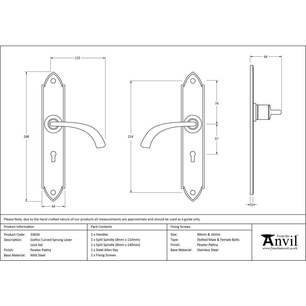 This is an image showing From The Anvil - Pewter Gothic Curved Sprung Lever Lock Set available from trade door handles, quick delivery and discounted prices