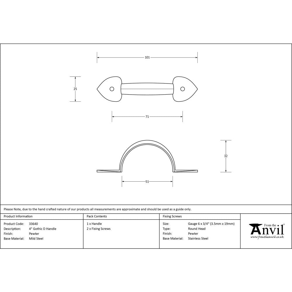 This is an image showing From The Anvil - Pewter 4" Gothic D Handle available from trade door handles, quick delivery and discounted prices