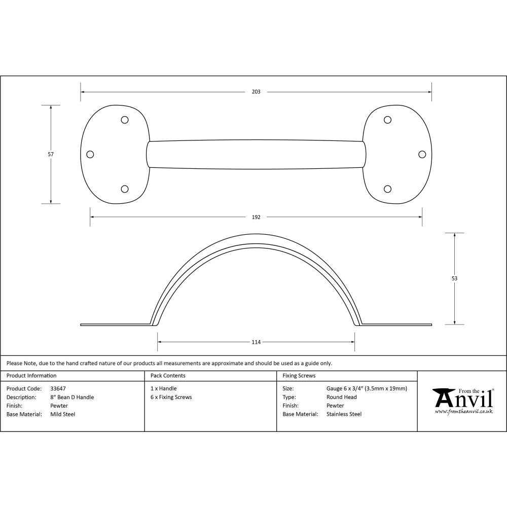 This is an image showing From The Anvil - Pewter 8" Bean D Handle available from trade door handles, quick delivery and discounted prices