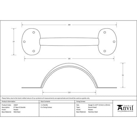 This is an image showing From The Anvil - Pewter 8" Bean D Handle available from trade door handles, quick delivery and discounted prices