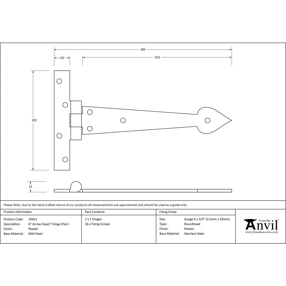 High quality image of From The Anvil - Pewter 6" Arrow Head T Hinge (pair) | Sku. 33651 | Trade Door Handles, Kendal.