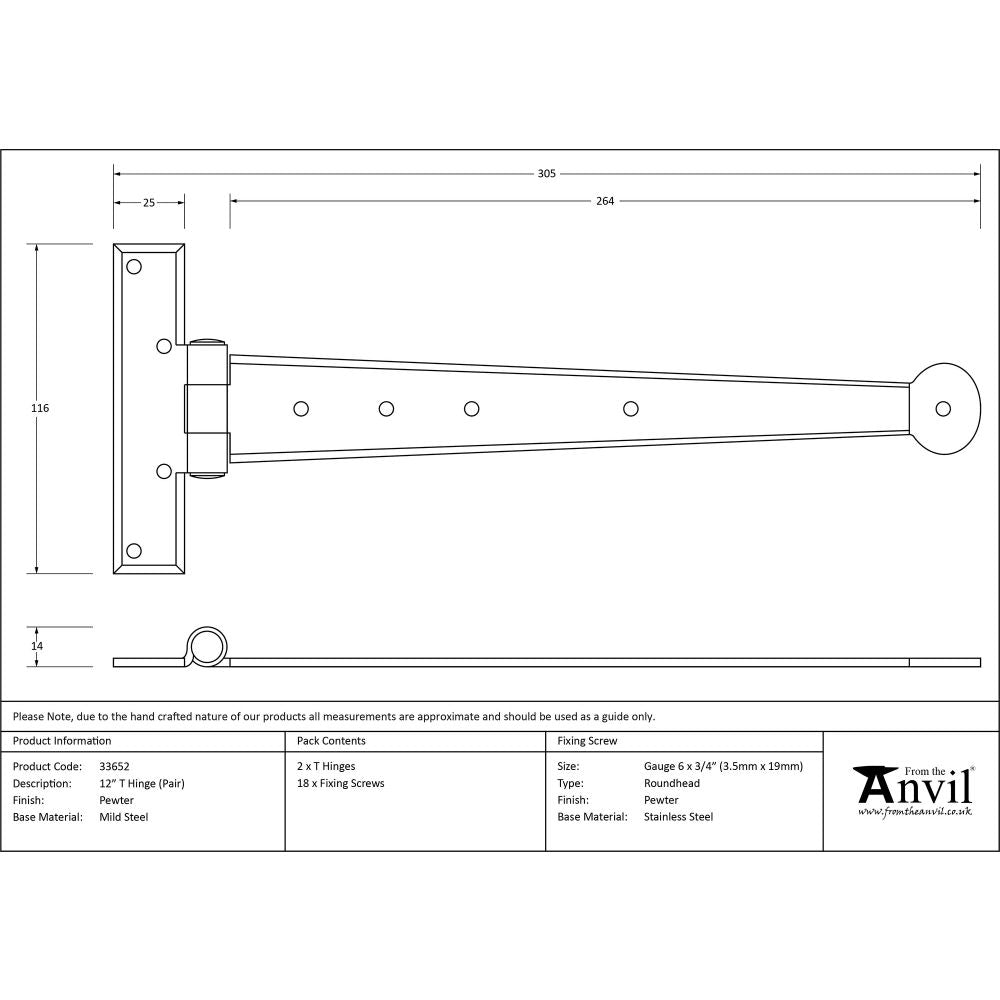 This is an image showing From The Anvil - Pewter 12" Penny End T Hinge (pair) available from trade door handles, quick delivery and discounted prices