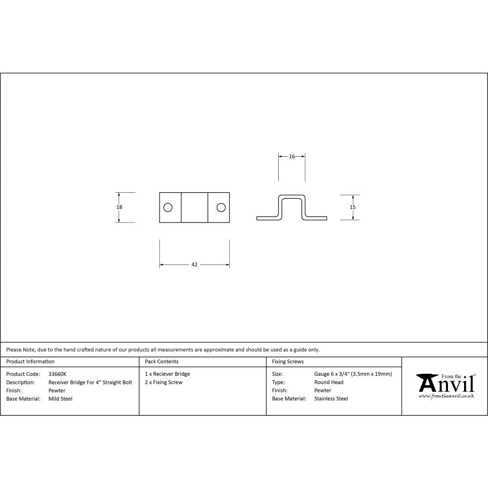 This is an image showing From The Anvil - Pewter Receiver Bridge For 4" Straight Bolt available from trade door handles, quick delivery and discounted prices