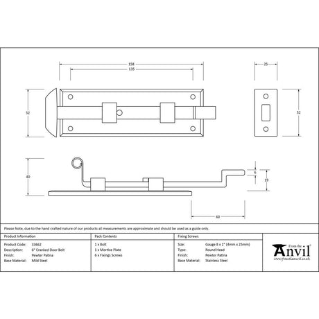 This is an image showing From The Anvil - Pewter 6" Cranked Door Bolt available from trade door handles, quick delivery and discounted prices