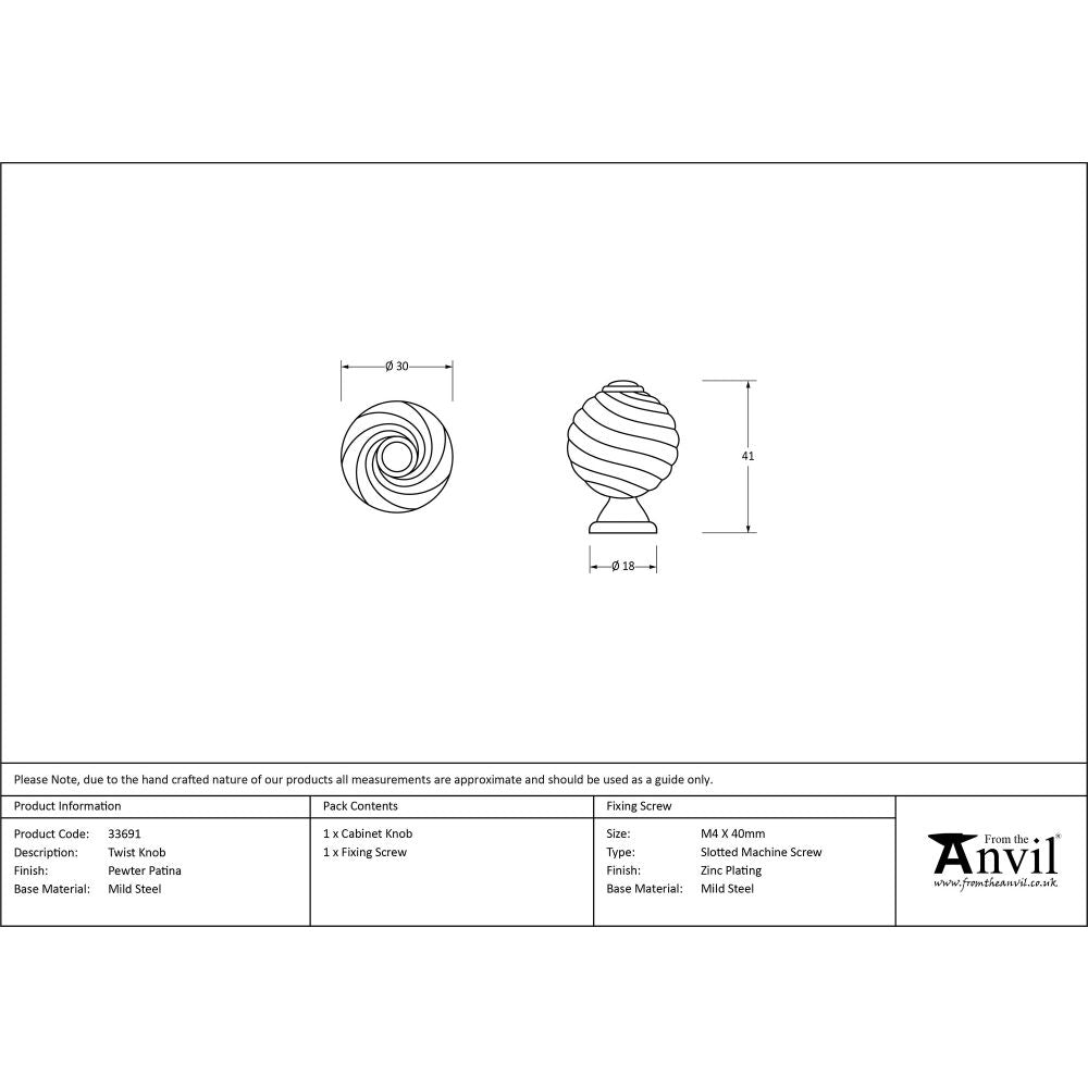 This is an image showing From The Anvil - Pewter Twist Cabinet Knob available from trade door handles, quick delivery and discounted prices