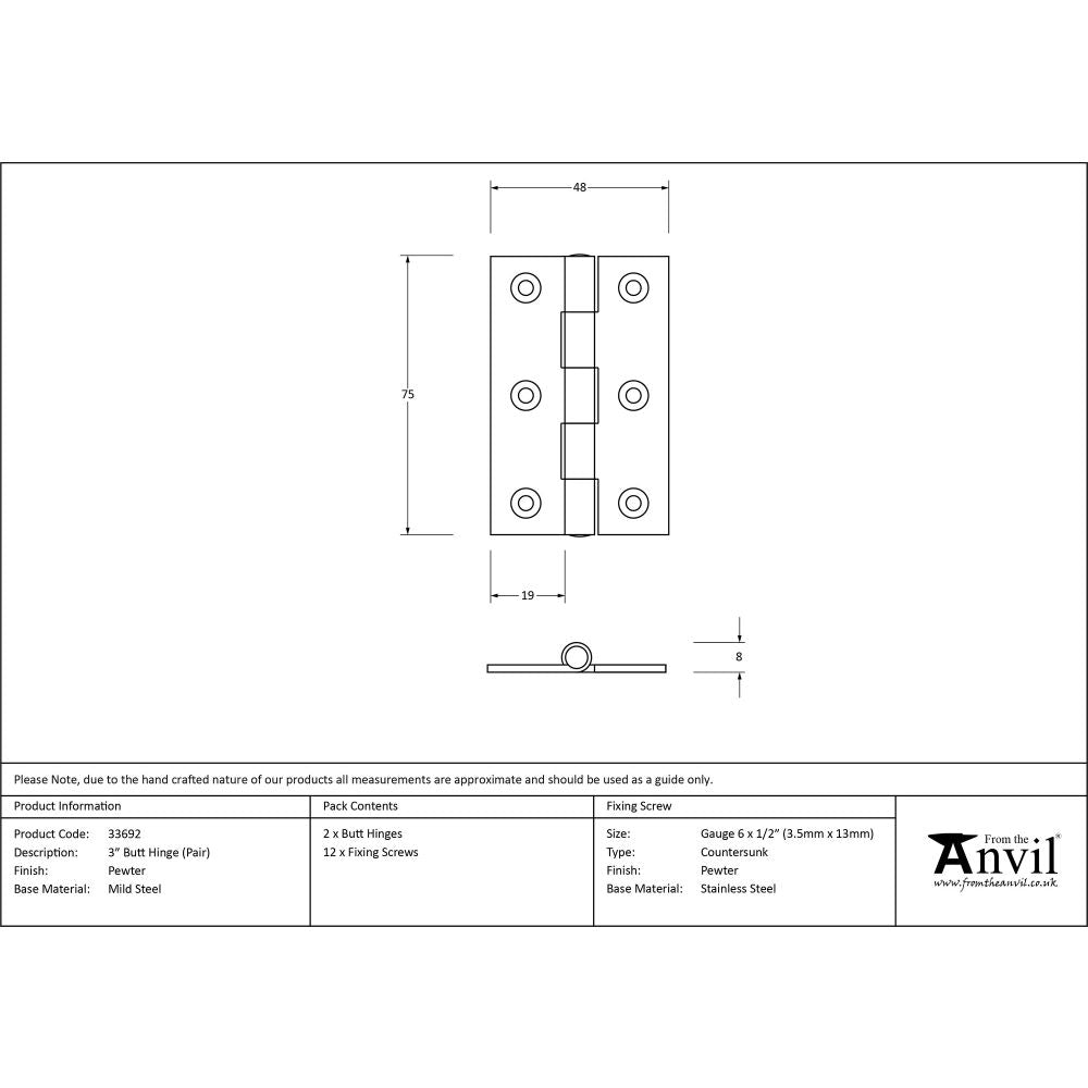 This is an image showing From The Anvil - Pewter 3" Butt Hinge (pair) available from trade door handles, quick delivery and discounted prices