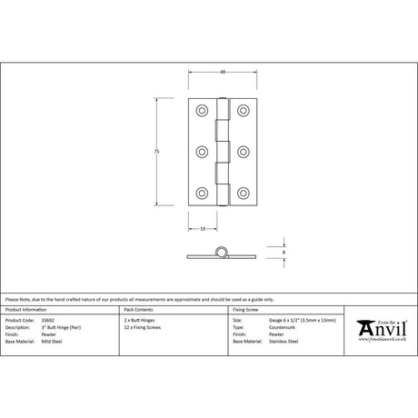 This is an image showing From The Anvil - Pewter 3" Butt Hinge (pair) available from trade door handles, quick delivery and discounted prices