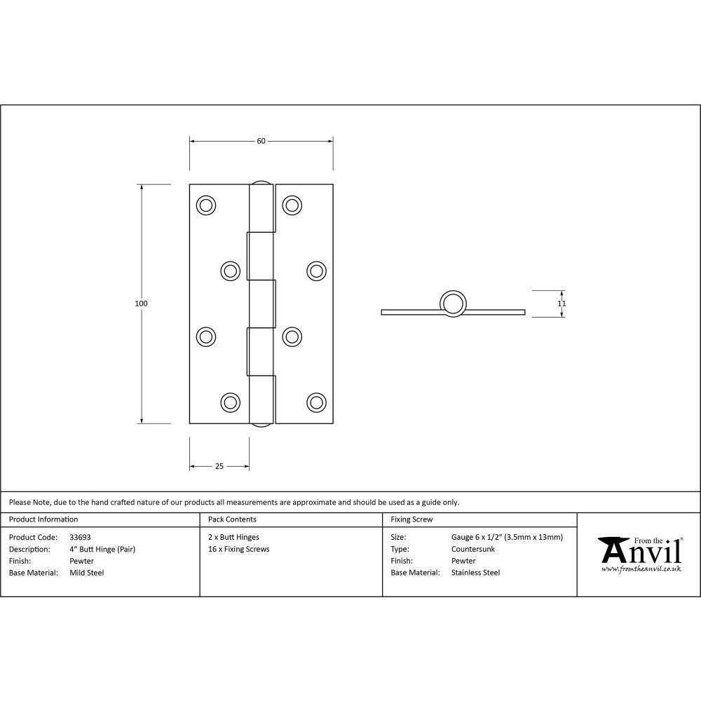 This is an image showing From The Anvil - Pewter 4" Butt Hinge (pair) available from trade door handles, quick delivery and discounted prices