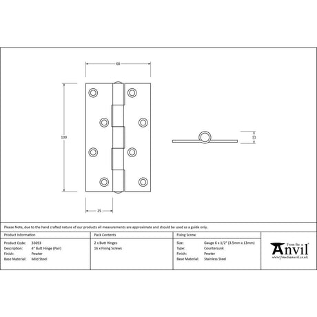 This is an image showing From The Anvil - Pewter 4" Butt Hinge (pair) available from trade door handles, quick delivery and discounted prices