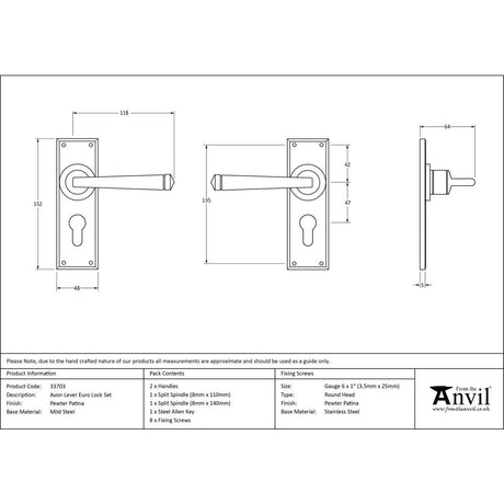 This is an image showing From The Anvil - Pewter Avon Lever Euro Lock Set available from trade door handles, quick delivery and discounted prices