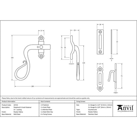 This is an image showing From The Anvil - Pewter Locking Shepherd's Crook Fastener - LH available from trade door handles, quick delivery and discounted prices