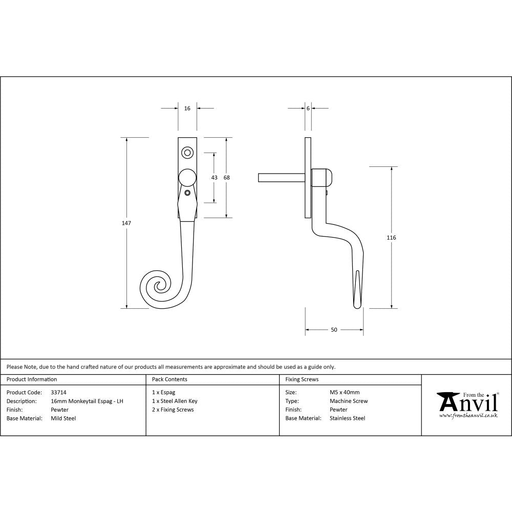 High quality image of From The Anvil - Pewter 16mm Monkeytail Espag - LH | Sku. 33714 | Trade Door Handles, Kendal.