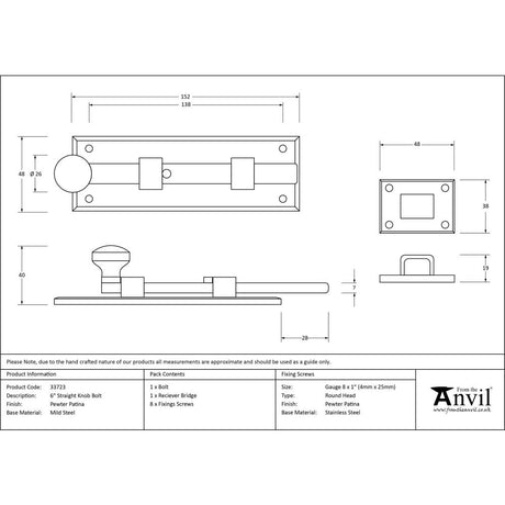 This is an image showing From The Anvil - Pewter 6" Straight Knob Bolt available from trade door handles, quick delivery and discounted prices