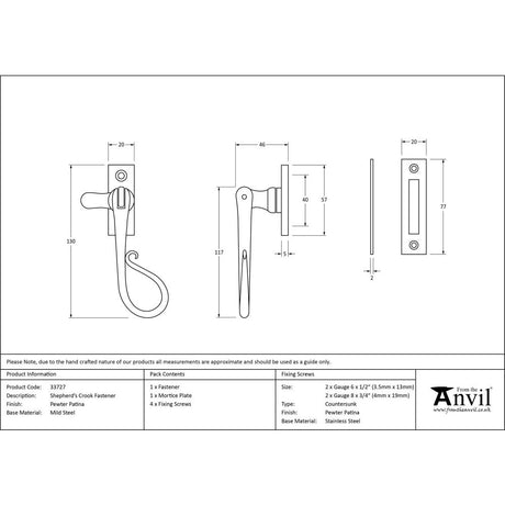 This is an image showing From The Anvil - Pewter Shepherd's Crook Fastener available from trade door handles, quick delivery and discounted prices