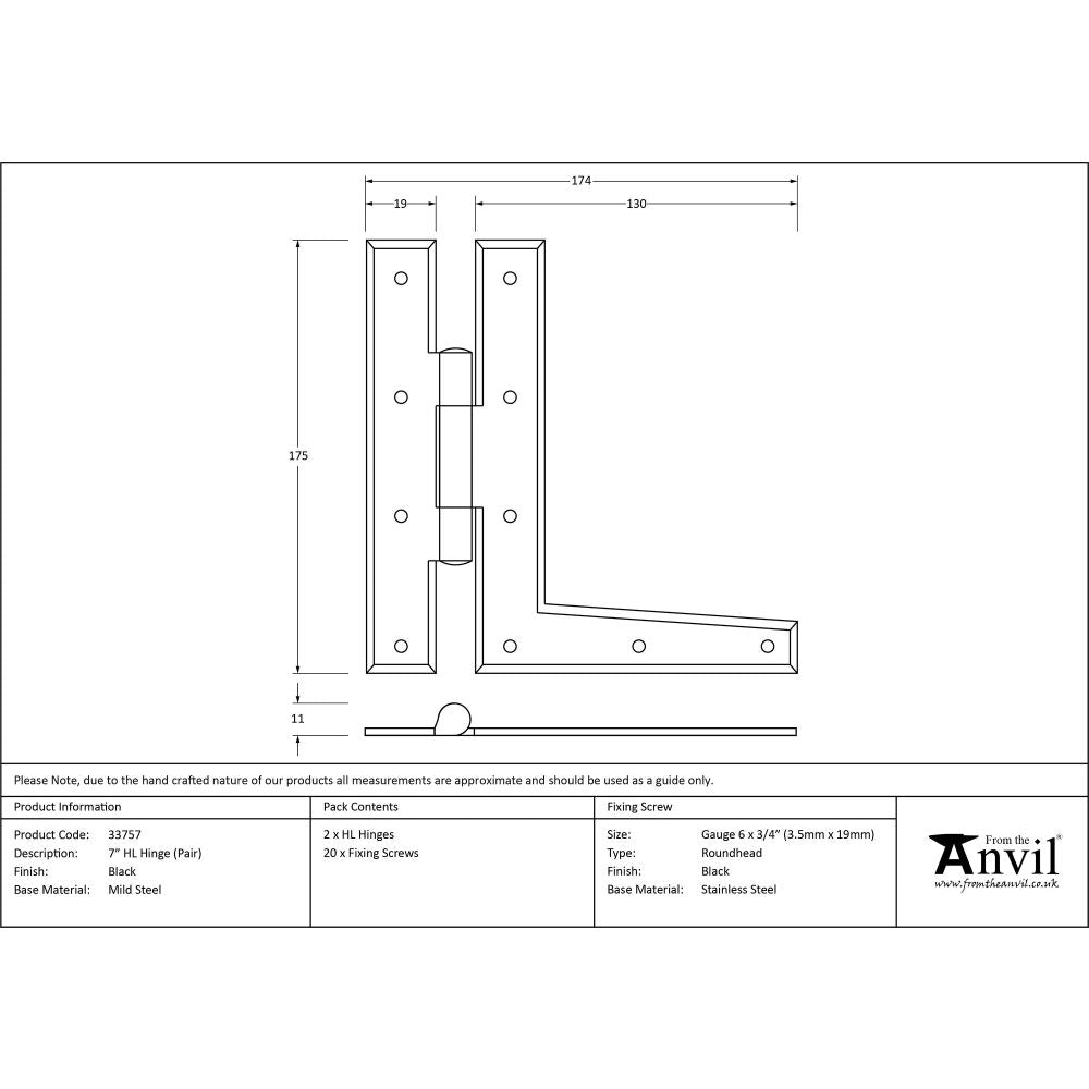 This is an image showing From The Anvil - Black 7" HL Hinge (pair) available from trade door handles, quick delivery and discounted prices