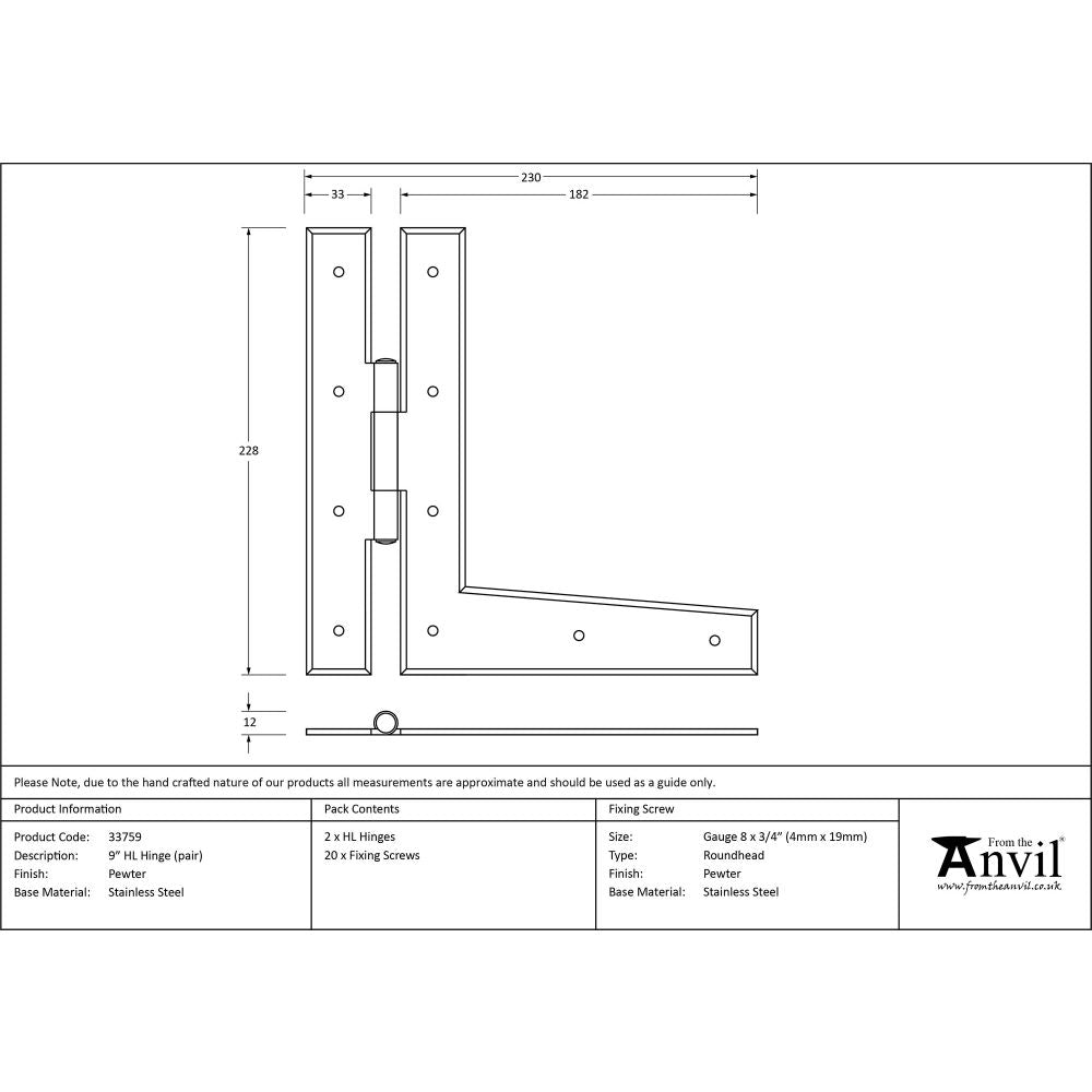 This is an image showing From The Anvil - Pewter 9" HL Hinge (pair) available from trade door handles, quick delivery and discounted prices