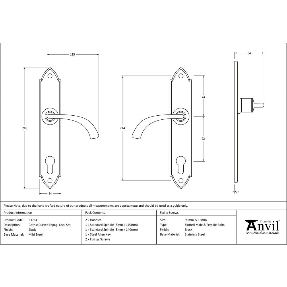 This is an image showing From The Anvil - Black Gothic Curved Lever Espag. Lock Set available from trade door handles, quick delivery and discounted prices