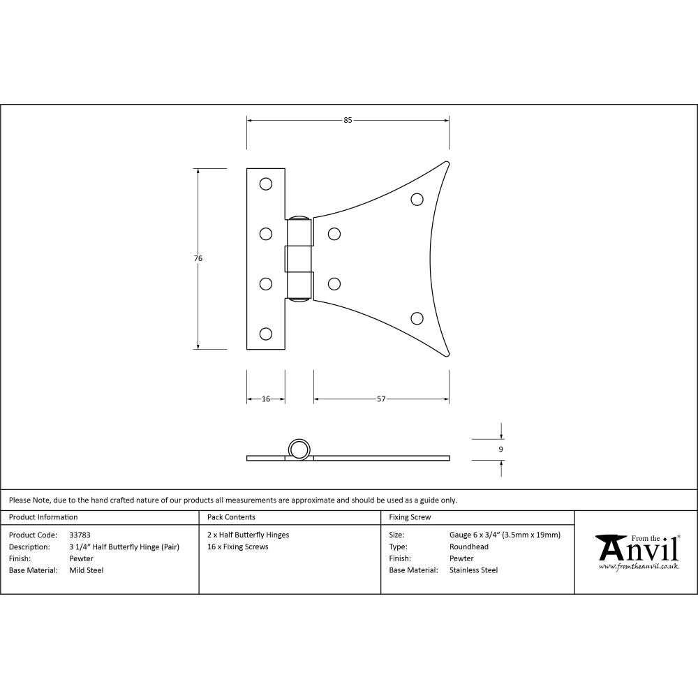 This is an image showing From The Anvil - Pewter 3 1/4" Half Butterfly Hinge (pair) available from trade door handles, quick delivery and discounted prices