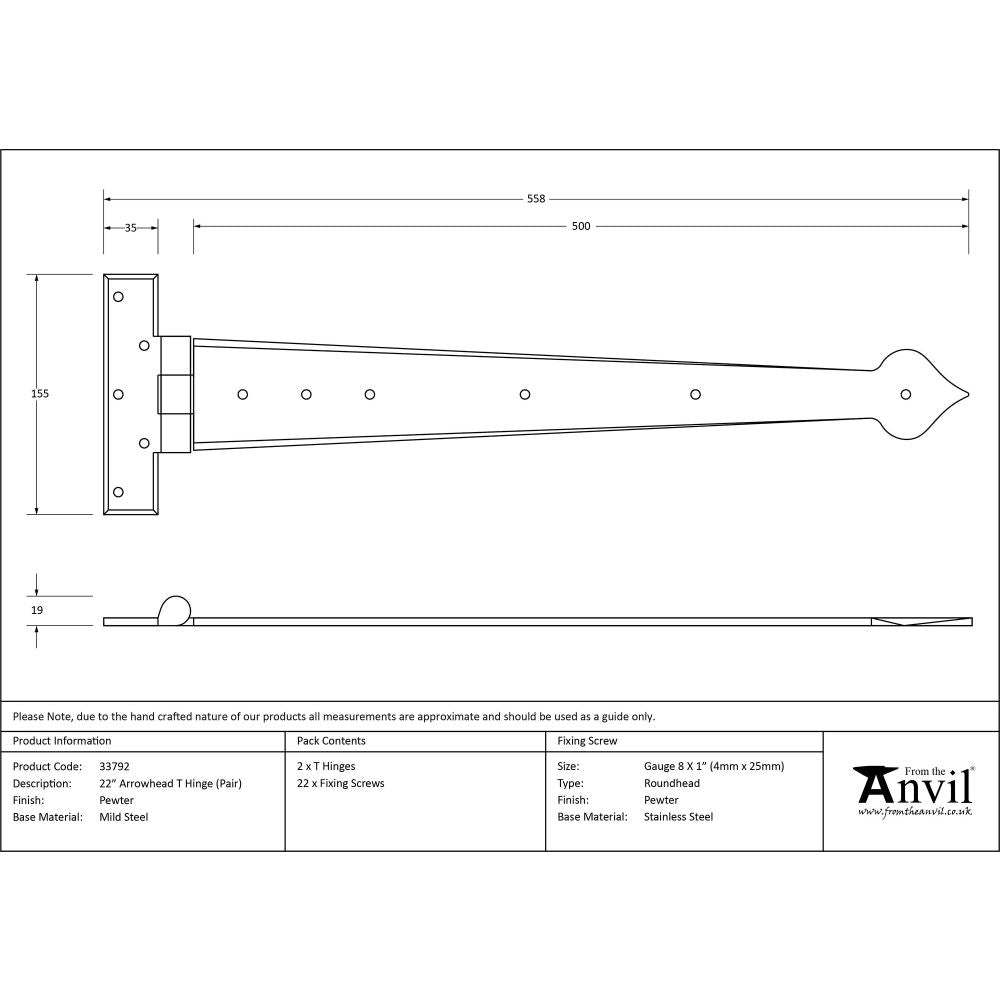 This is an image showing From The Anvil - Pewter 22" Arrow Head T Hinge (pair) available from trade door handles, quick delivery and discounted prices