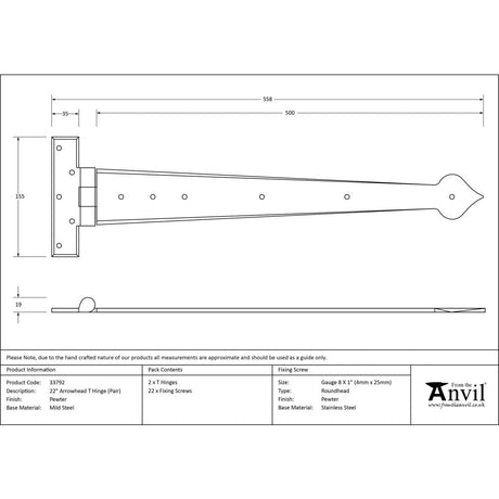 This is an image showing From The Anvil - Pewter 22" Arrow Head T Hinge (pair) available from trade door handles, quick delivery and discounted prices