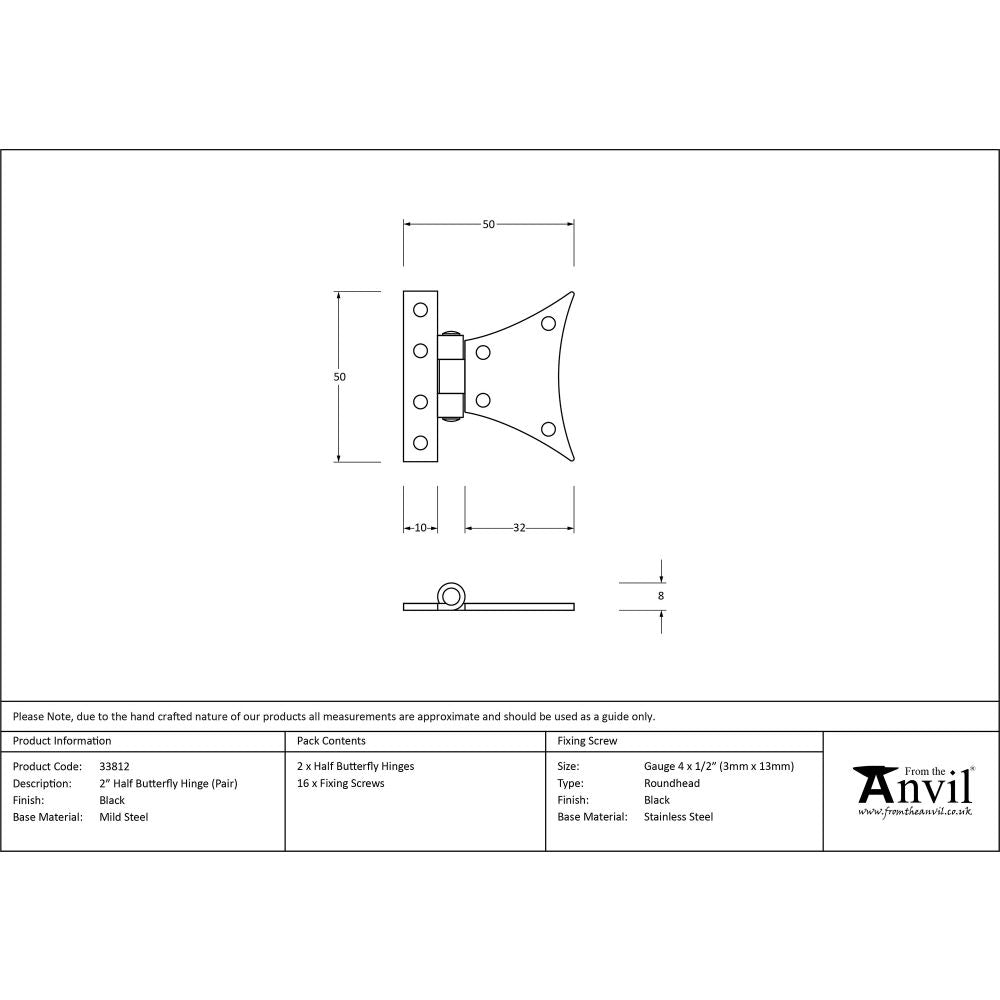 This is an image showing From The Anvil - Black 2" Half Butterfly Hinge (pair) available from trade door handles, quick delivery and discounted prices