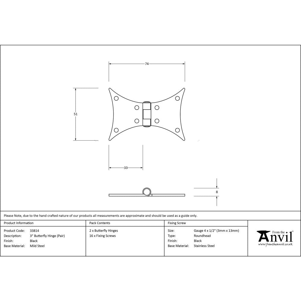 This is an image showing From The Anvil - Black 3" Butterfly Hinge (pair) available from trade door handles, quick delivery and discounted prices