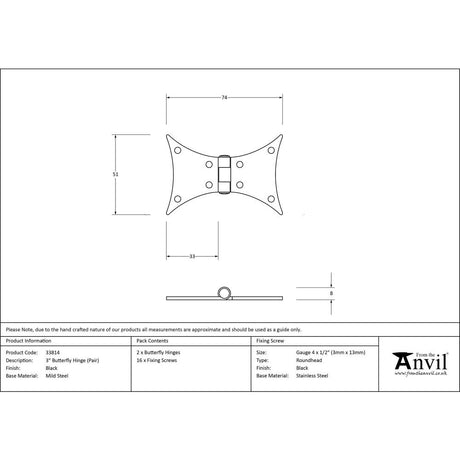 This is an image showing From The Anvil - Black 3" Butterfly Hinge (pair) available from trade door handles, quick delivery and discounted prices